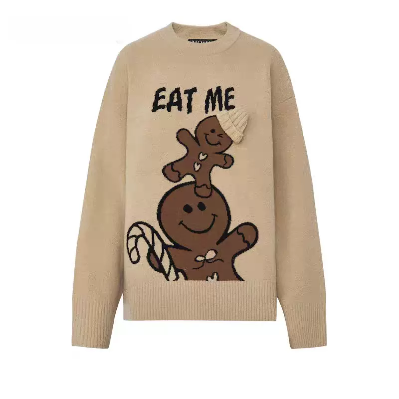 复古宽松姜饼人图案中长款针织套头毛衣女慵懒休闲外穿针织上衣女