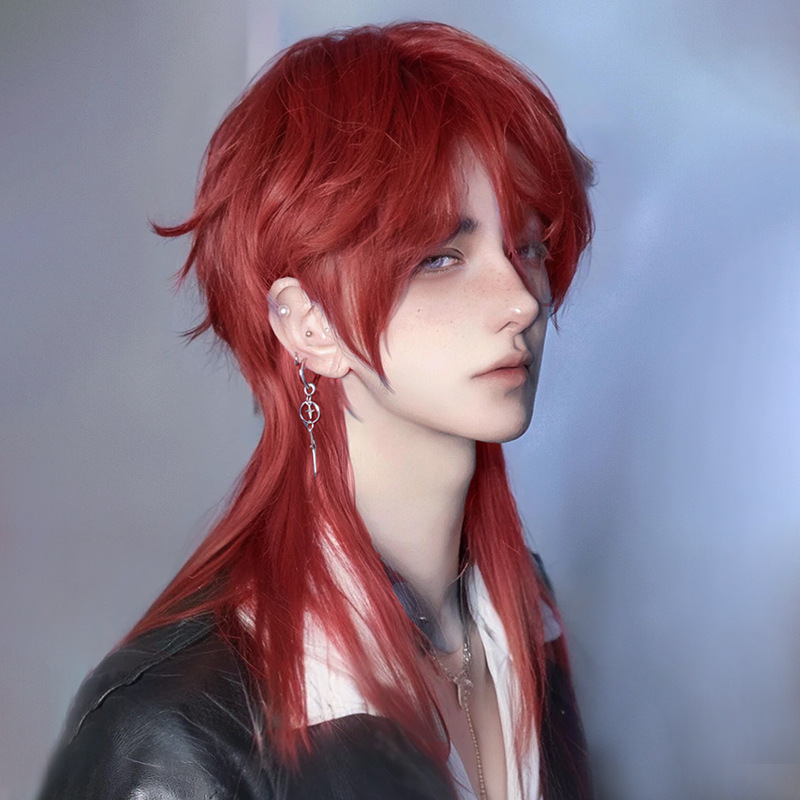 Wolf Tail Mullet Head Red Wig Boys Natural Seamless Short Hair Teenager Cos Men's Tail Full Headgear