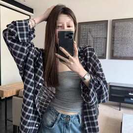 慵懒风格纹防晒衬衫女夏季韩系宽松休闲衬衣百搭长袖上衣外套