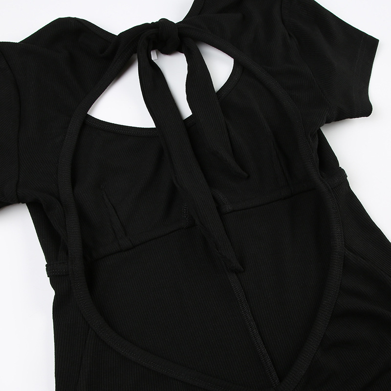 Summer Backless Drawstring Strap Sports Short Sleeved Jumpsuit Pleated Sexy Jumpsuit