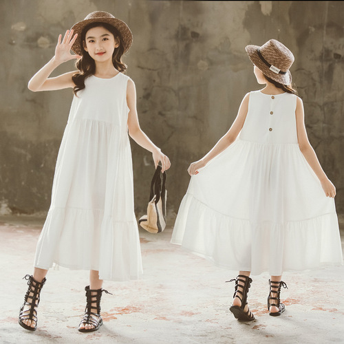 2024 summer Korean style mid-to-large girls dress long dress with large swing tank top cake seaside beach dress