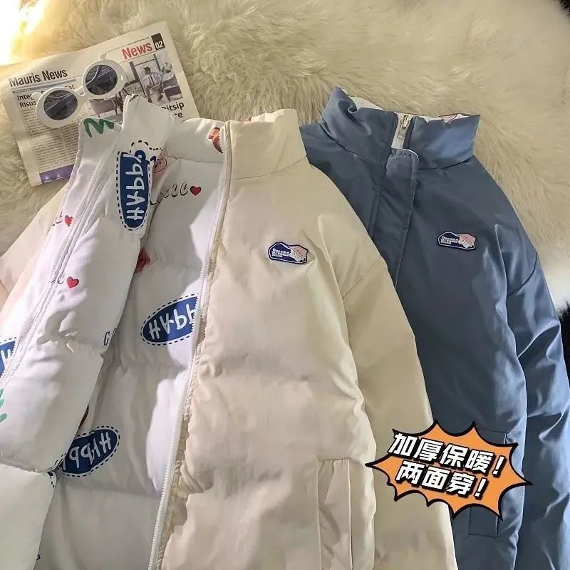 Abrigo de doble cara de invierno de los hombres de Hong Kong estilo de moda de la marca de gran tamaño de la capa de algodón-acolchado abrigo cálido engrosada pareja collar de pie abrigo de algodón acolchado