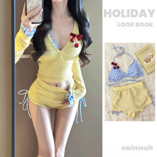 2025 New Split Swimsuit Women's Three-Piece Hot Girl Sweet Plaid Slimming Seaside Resort Style Long-Sleeved Petite