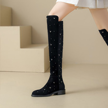 复古平跟长筒过膝长靴女2025年秋冬新款铆钉粗跟瘦腿靴弹力高筒靴