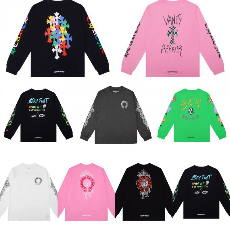 Высокая версия брендированной кросс-бордер Tide Chrome Hearts Cro -伈, круглый ворот, хлопковый лонгслив для отдыха
