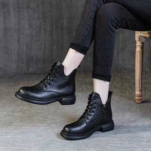 plus size Martin Boots Women's Autumn and Winter Soft Sole Short Boots Flat 2025 Single Boots Rubber Sole Vintage fleece-lined Low-cut Leather Shoes
