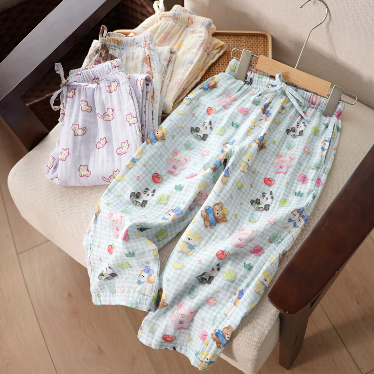 Class A parent-child style children's pure cotton washed double-layer gauze home pants, boys' and girls' pajama pants, spring and summer children's clothing for older kids