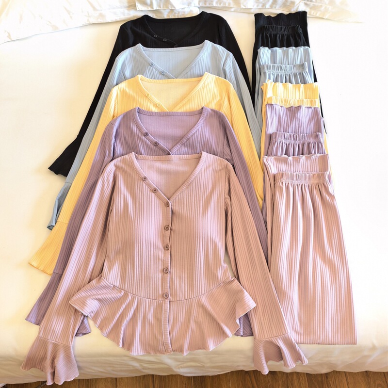Pure Desire Style Cotton Pajamas with Chest Pads for Women, Spring, Autumn, and Winter Ballet Long-Sleeve Flared Pants Loungewear Two-Piece Set Thin Pure Desire Style Cotton Pajamas with Chest Pads for Women, Spring, Autumn, and Winter Ballet Long-Sleeve Flared Pants Loungewear Two-Piece Set Thin