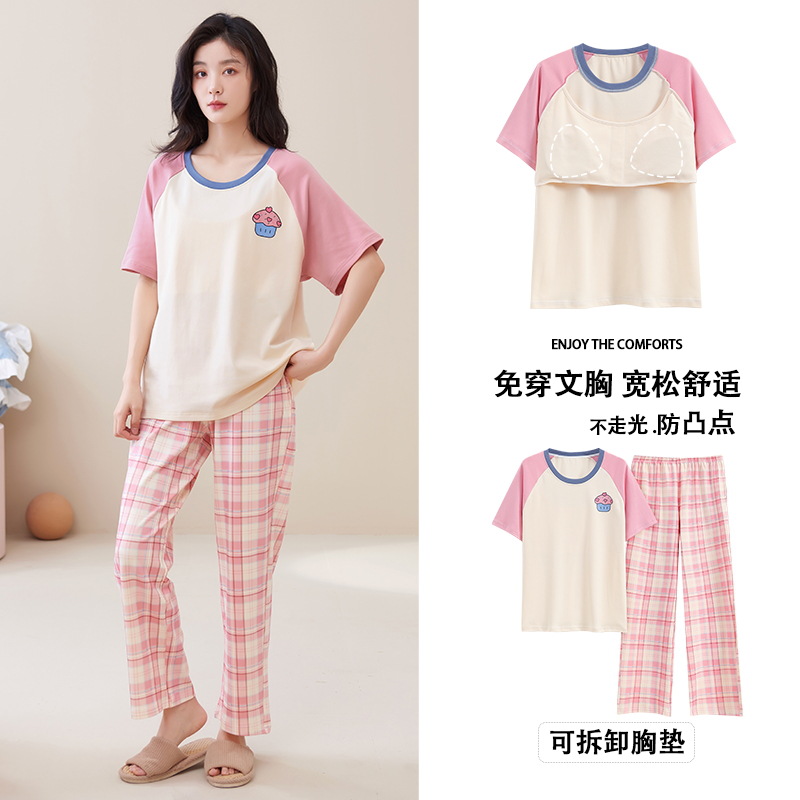 Pijamas de algodón de las mujeres de dibujos animados estilo lindo con almohadilla en el pecho pantalones de manga corta traje ropa de abrigo suelta ropa de mujer