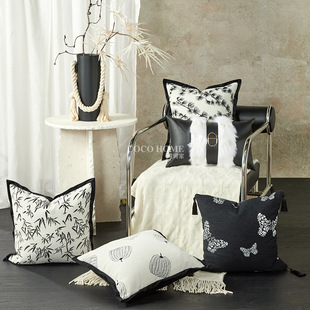 New Chinese Black and White Sofa Pillow Butterfly Leaves Tassel Pillowcase Model Room Cushion Project
