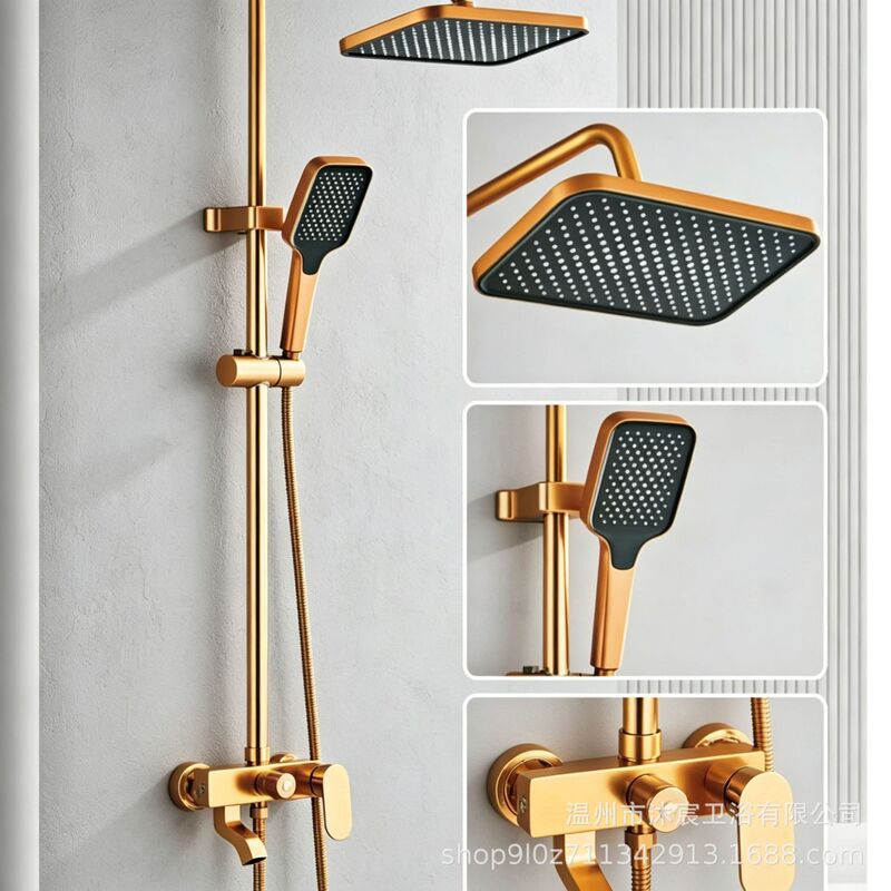 Cross-border best-selling, exclusively for export: a complete set of black and gold space aluminum shower fixtures, including a shower head and a complete bathroom heating system Cross-border best-selling, exclusively for export: a complete set of black and gold space aluminum shower fixtures, including a shower head and a complete bathroom heating system