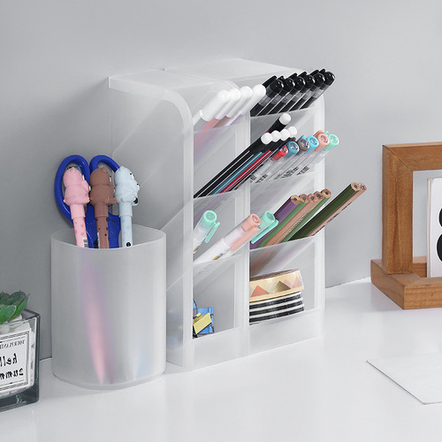 Creative multi-purpose pen holder transparent multi-grid makeup brush storage rack student stationery box oblique plug-in desktop storage box