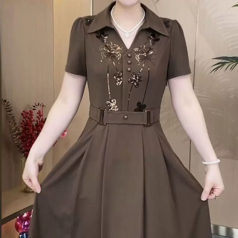 洋气连衣裙2025新款夏季时尚大码亮片polo领高腰遮肉显瘦中长款女