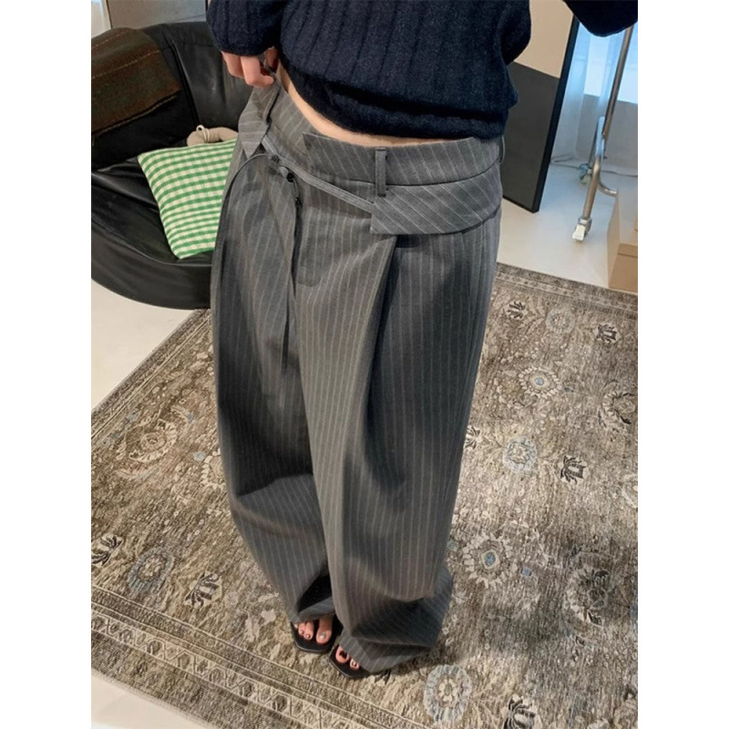 高腰直筒灰色竖条纹西装阔腿裤子女2025秋季新款宽松bf慵懒风长裤|undefined