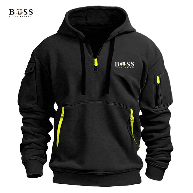 Fleece-Lined Multi-Pocket Half-Zip Hooded Sweatshirt for Men, Color-Blocking Workwear Style with Letter Print, Loose Casual Top Wholesale