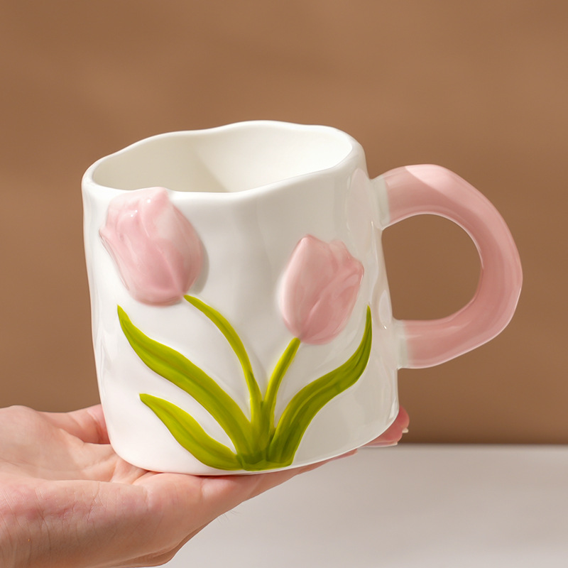 Taza de Tulipanes de alto valor, taza de cerámica esmaltada, regalo del Día del Maestro, taza de agua doméstica para niñas