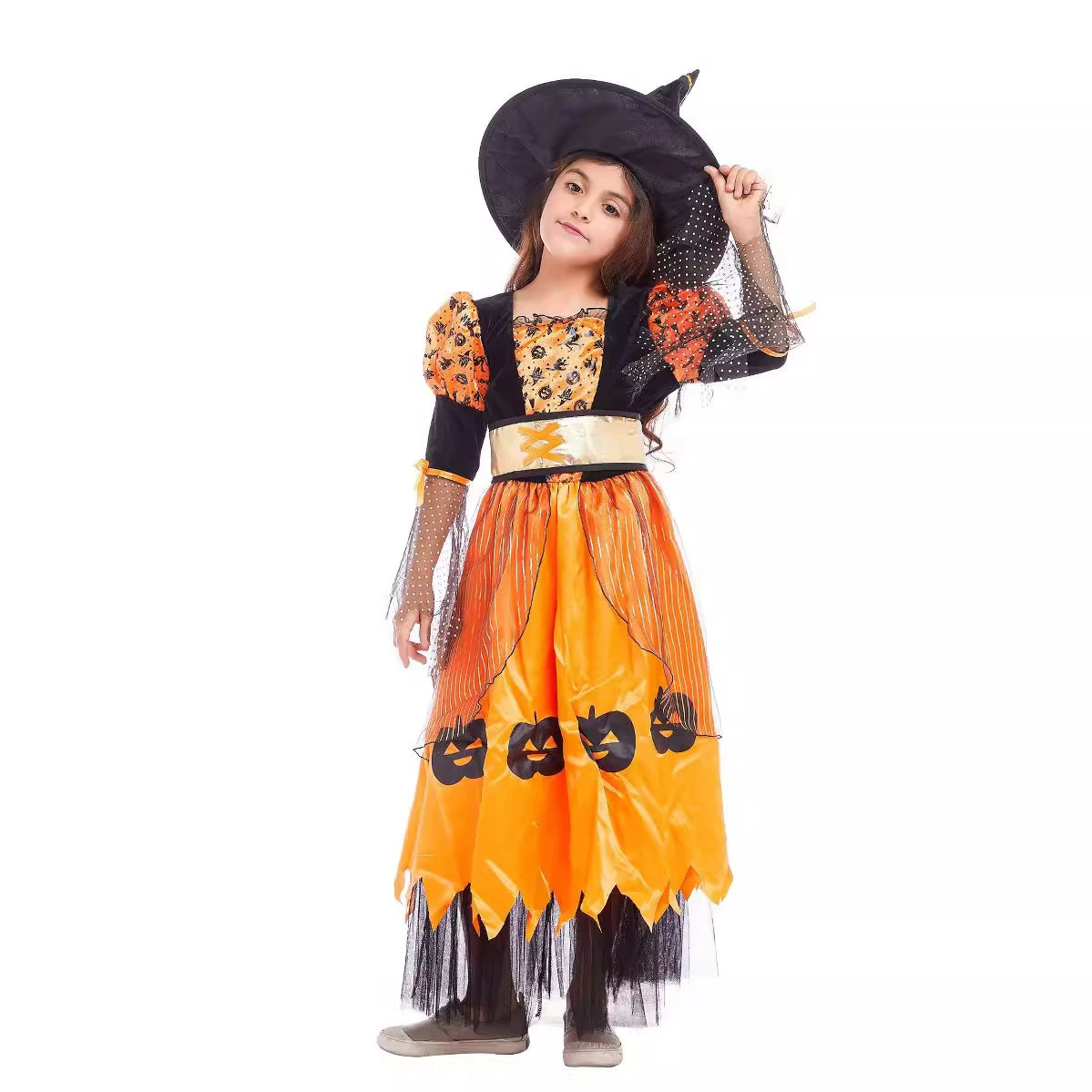 Детский костюм ведьмы на Хэллоуин, платье ведьмы для косплея с принтом тыквы, платье принцессы для маленьких детей