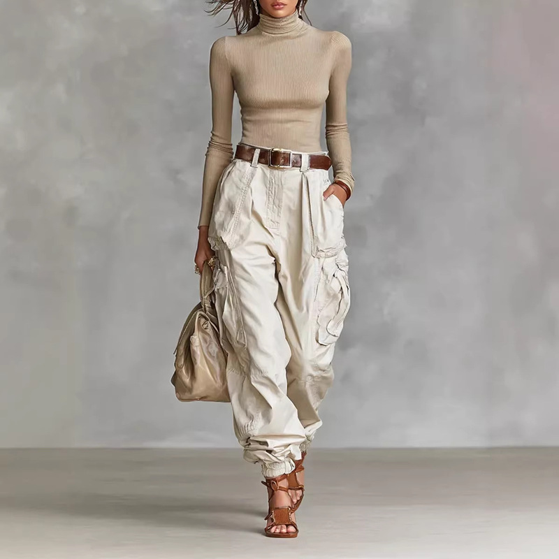 2025 Autumn European and American Street Fashion High-Waisted Cargo Pants, Loose Wide-Leg Trousers, Non-Stretch, Regular Thickness