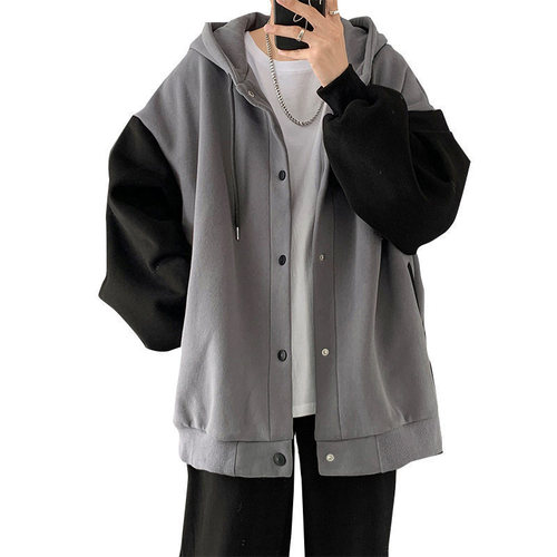 Hong Kong-style casual cardigan outer, men's autumn and winter plus velvet thick Korean trend splicing loose hooded hooded hoodie lovers 'wear