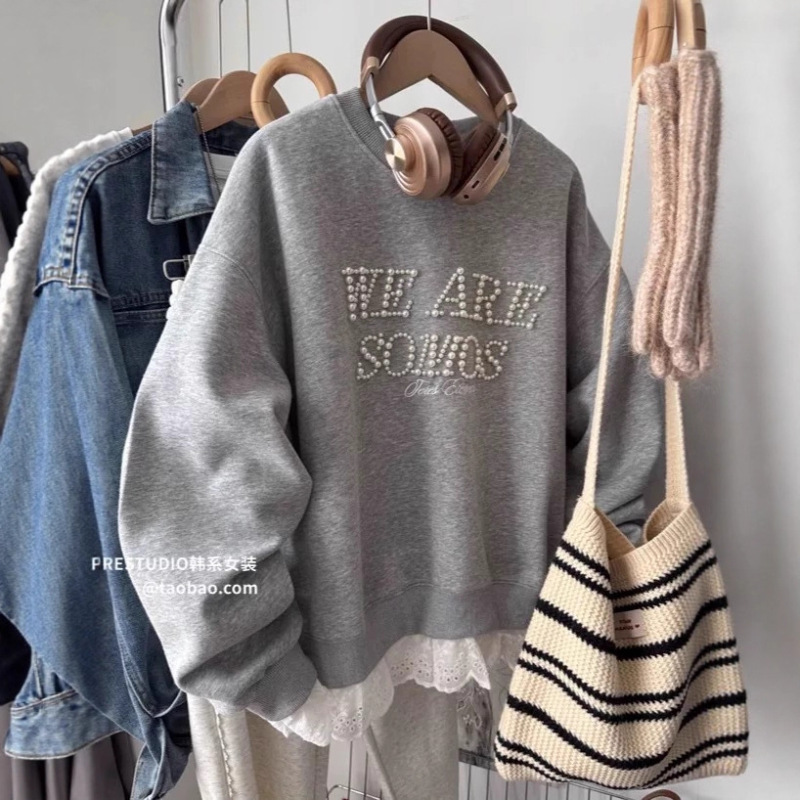 Korean-Style Lace Splicing Faux Two-Piece Heavy Beaded Letter Design Sweet and Stylish Versatile Casual Round Neck Sweatshirt for Women