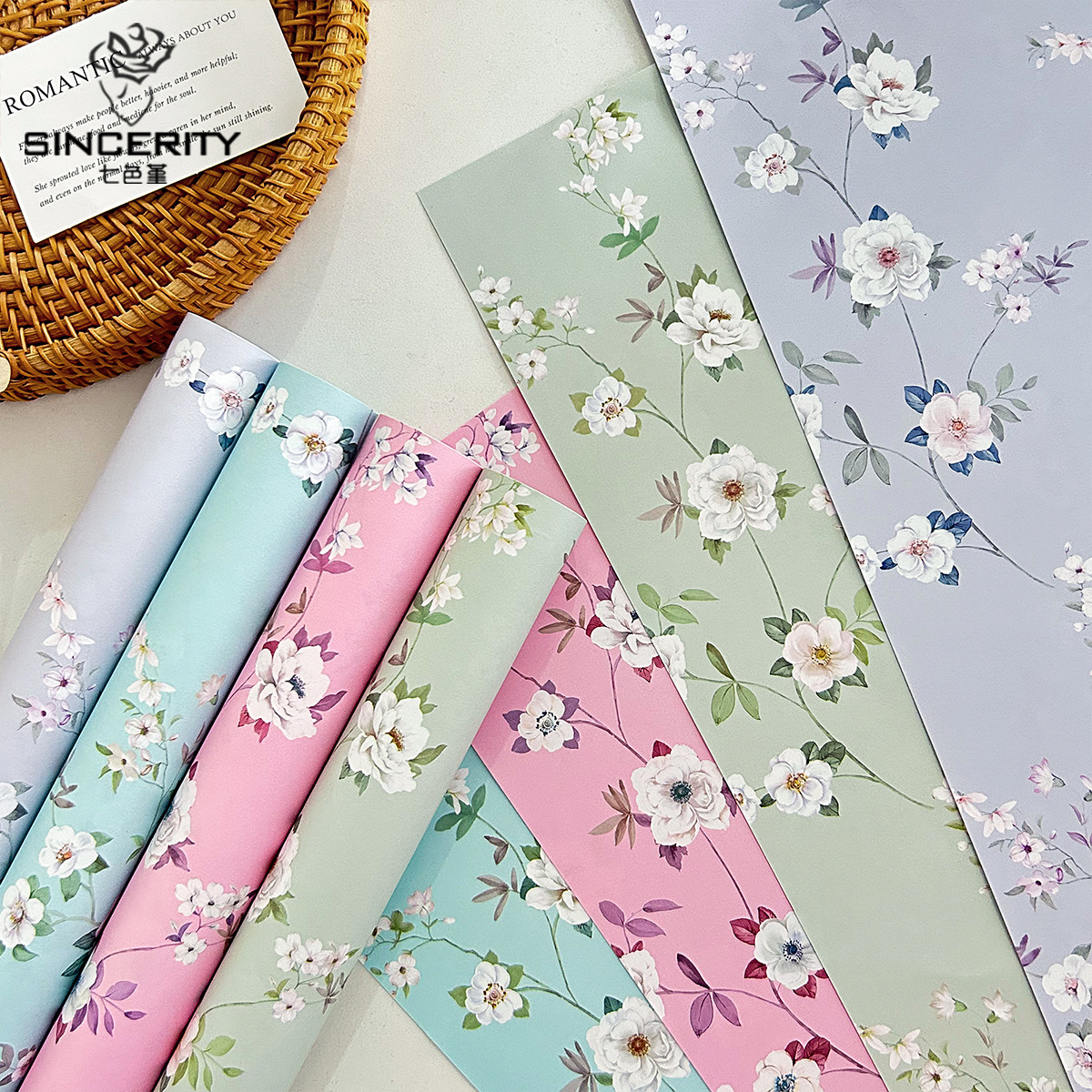 Flor de cordiería de siete colores, material de envoltura floral grueso, impresión de flores cortadas, papel kraft, paquete de flores, papel de envoltura de flores