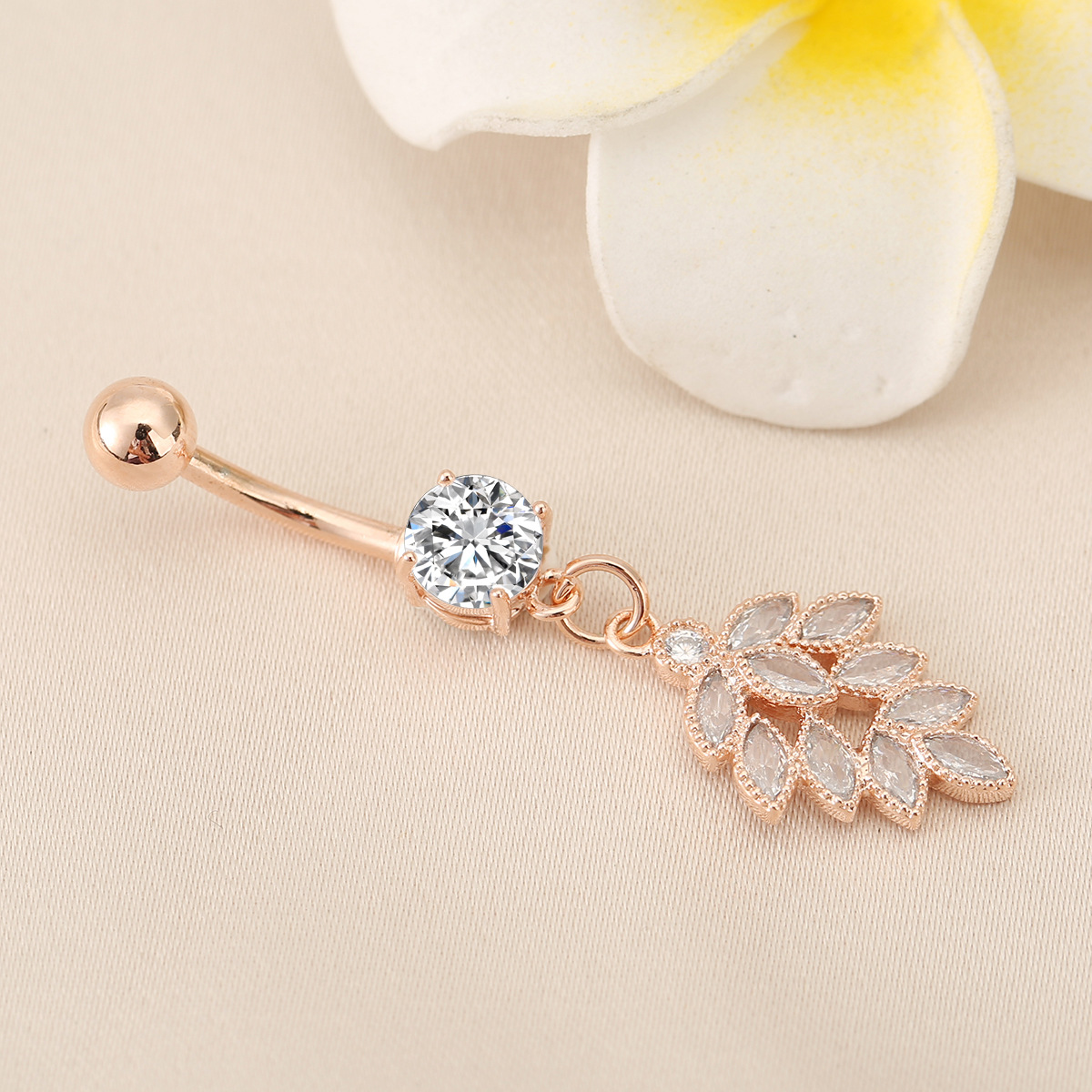 European Leaf Belly Button Ring With Diamond Body Piercing Jewelry_voghion.com