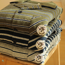 秋冬季新品日系无印条纹空气棉情侣长袖睡衣家居服套装