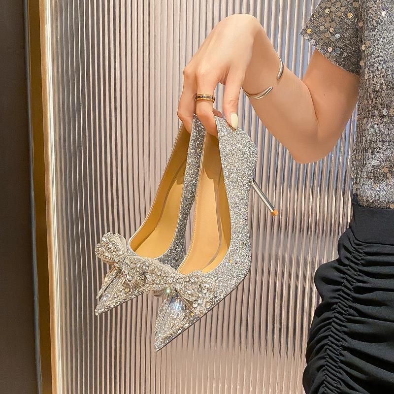 2026 Autumn New Style Silver Sequin Pointed Toe High Heel Stiletto Sexy Shallow Mouth Rhinestone Bow Women's Single Shoes Wedding Shoes