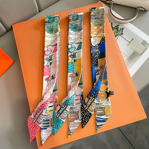Silk scarf women's thin narrow bundle scarf spring and autumn printed Korean version double-sided decorative scarf headband temperament streamer ribbon