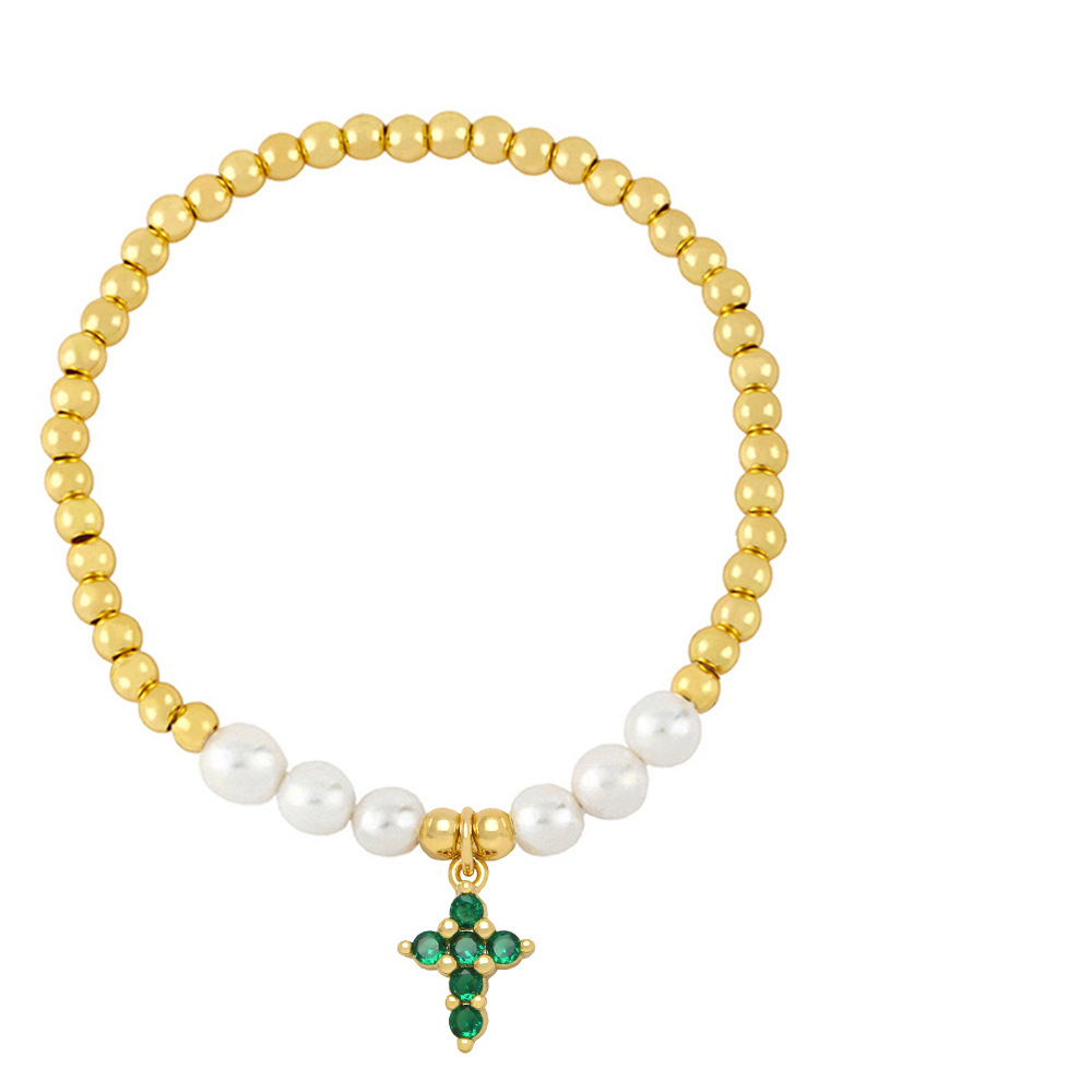 Fashion Cross Copper Bracelets Beaded Gold Plated Pearl Zircon Copper Bracelets