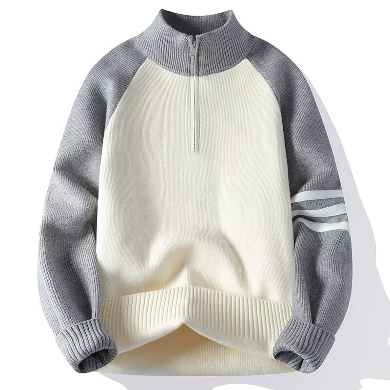 Semia cremallera tres barras a rayas camiseta de punto suéter hombre cuello perezoso alto otoño invierno suéter fábrica transfronteriza al por mayor image 9