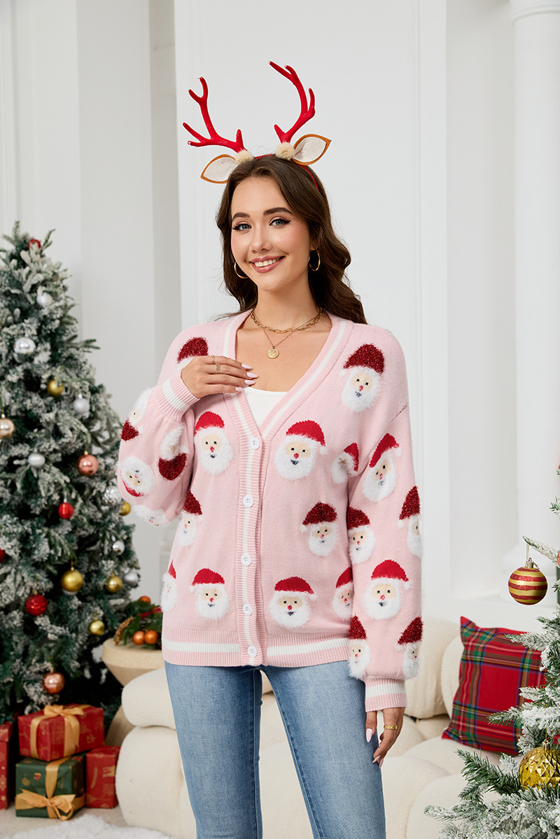 Cardigan jacquard Père Noël festif pour femme - Pull de Noël douillet avec broderie 3D, col en V et manches longues_voghion.com