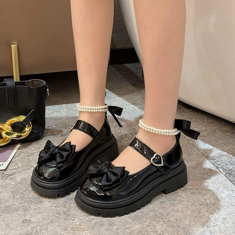 Summer footwear for leather shoes, Japanese suitable with a skirt with bow platform, shoes, french style