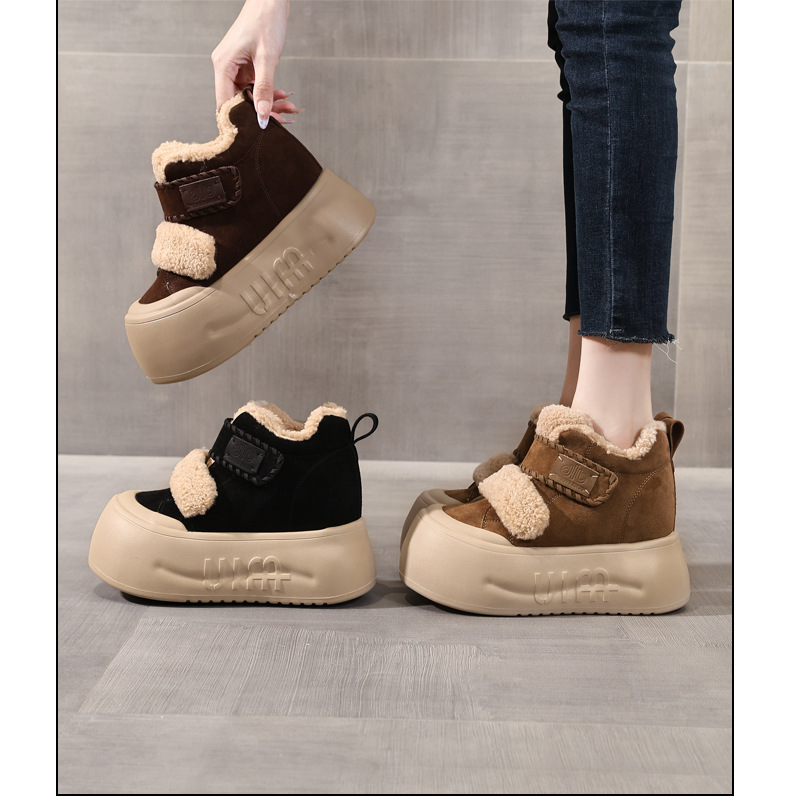 Giày boot nữ cổ cao lót lông cừu đế dày tăng chiều cao, dán Velcro — màu đen chi tiết 16