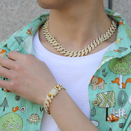 Hot-selling Hip-Hop Necklace Set for Men in Europe and America: Bold Punk Design, Double-Row Full-Diamond Chain & Bracelet—Factory Direct Supply