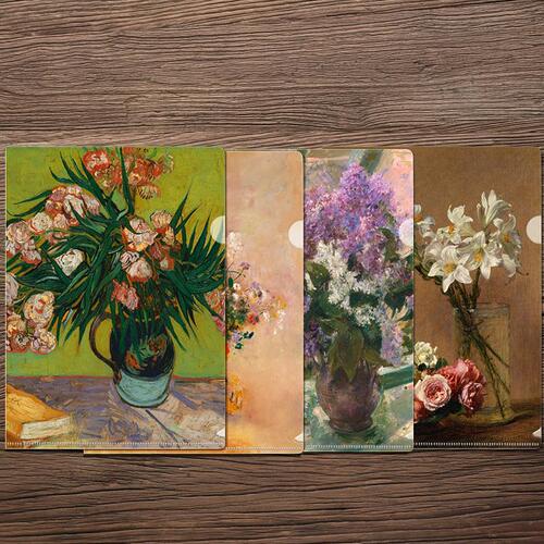 L-shaped folder imprinted flower set series famous paintings famous flowers A4 single-chip folder student office information storage