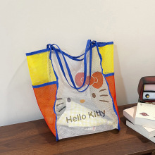 Hello Kitty撞色网眼托特包女夏季大容量单肩包沙滩购物袋时尚百