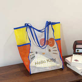 Hello Kitty撞色网眼托特包女夏季大容量单肩包沙滩购物袋时尚百