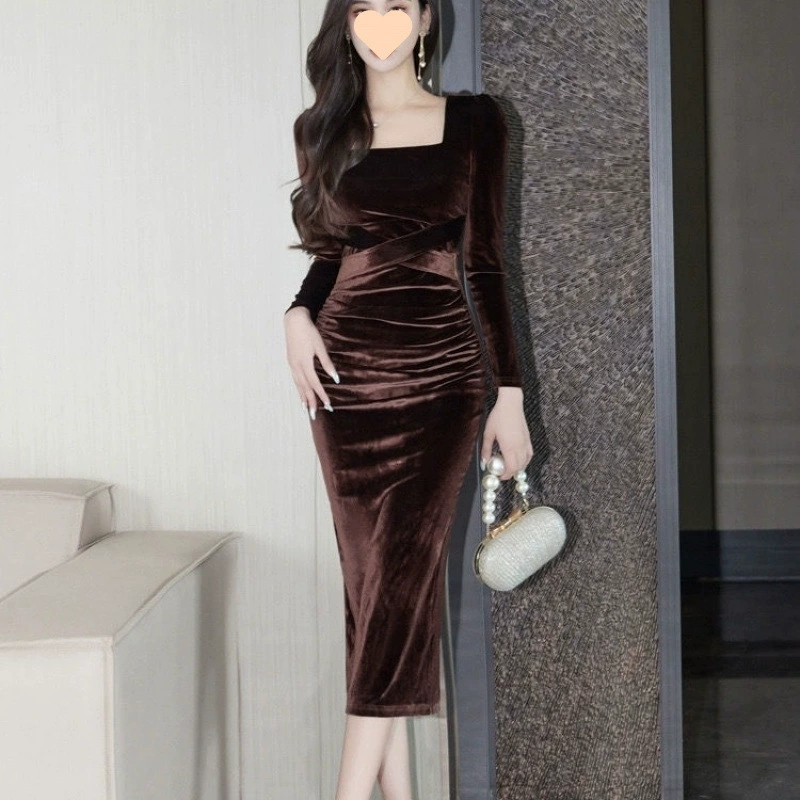 Высококачественная бархатная новая женская юбка темпераментная высокая талия тонкая, квадратный воротник с длинными рукавами