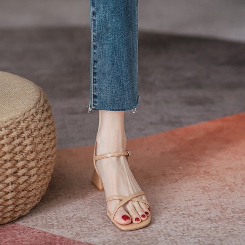 2024 summer new Korean version with skirt for women's shoes simple cross-band square toe open-toe sandals Korean version thick heel sandals for women