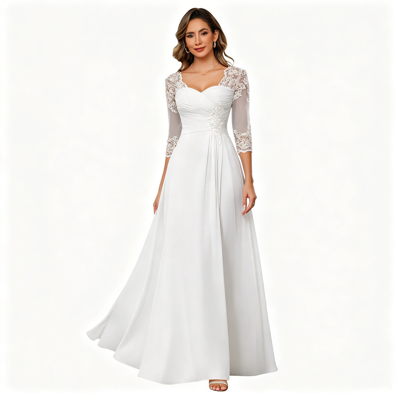 2026 New Cross-Border Women's Lace Appliqué Mother of the Bride Dress with Three-Quarter Sleeves Formal Annual Meeting Host Evening Gown