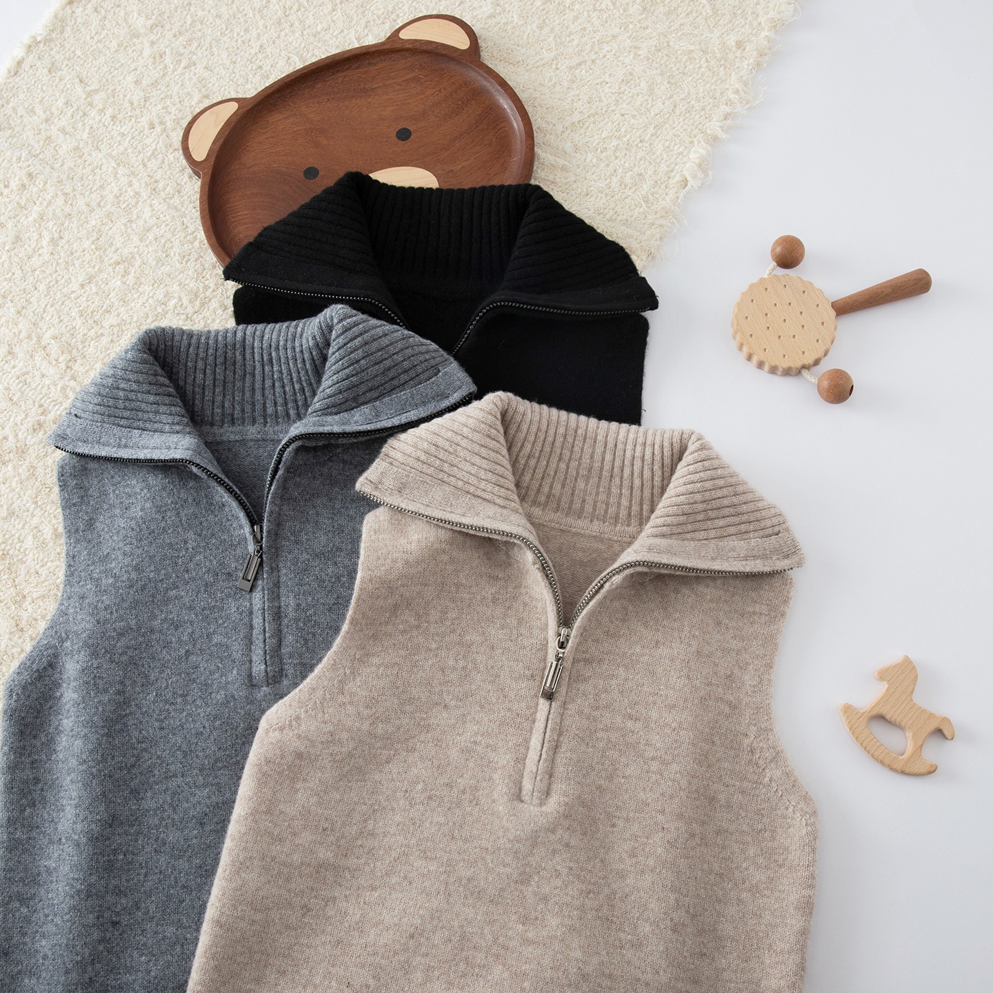 100% Wool Children's Collared Half-Zip Vest, Solid Color Knitted Vest for Older Children, Autumn and Winter Layering, Sleeveless Top