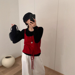 甜美风镂空系带针织吊带背心女早秋新款宽松叠穿百搭毛衣背心上衣