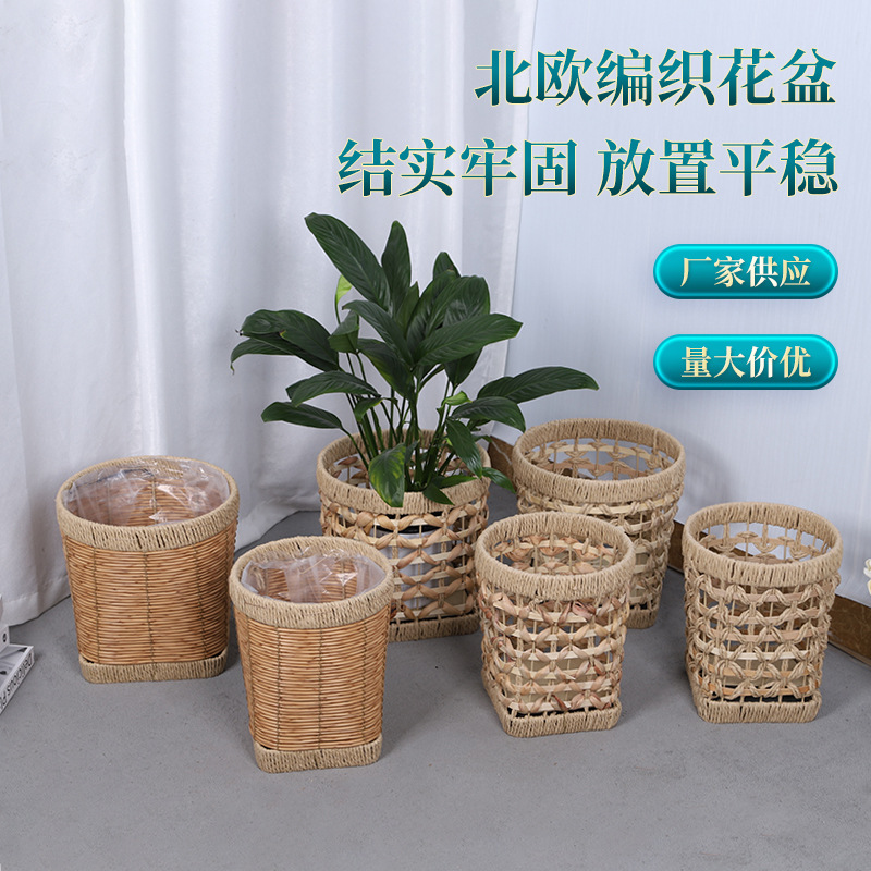 Nórdico ins viento trenzado plantas de paja decoración canasta de flores balcón sala de estar tipo piso estante de flores trenzado maceta image 1