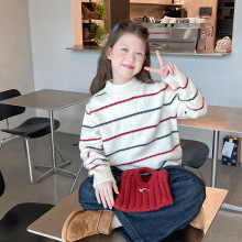 女童高领白毛衣儿童洋气条纹针织衫大童线衣上衣女孩2025冬装新款