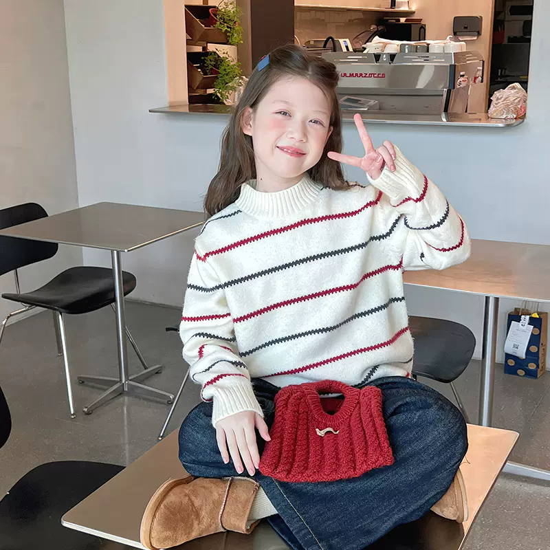 女童高领白毛衣儿童洋气条纹针织衫大童线衣上衣女孩2025冬装新款