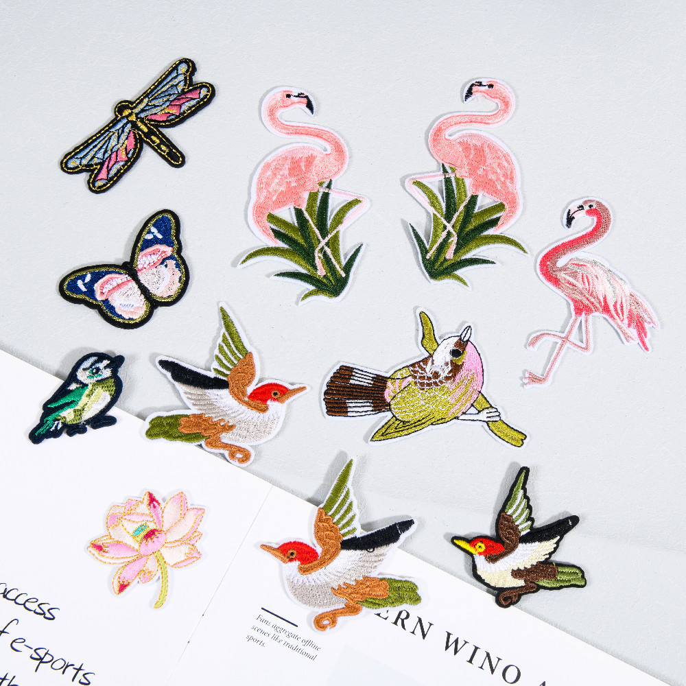 馨文现货电脑绣花布贴 火烈鸟 金边莲花 蝴蝶对鸟蜻蜓服装鞋帽搭
