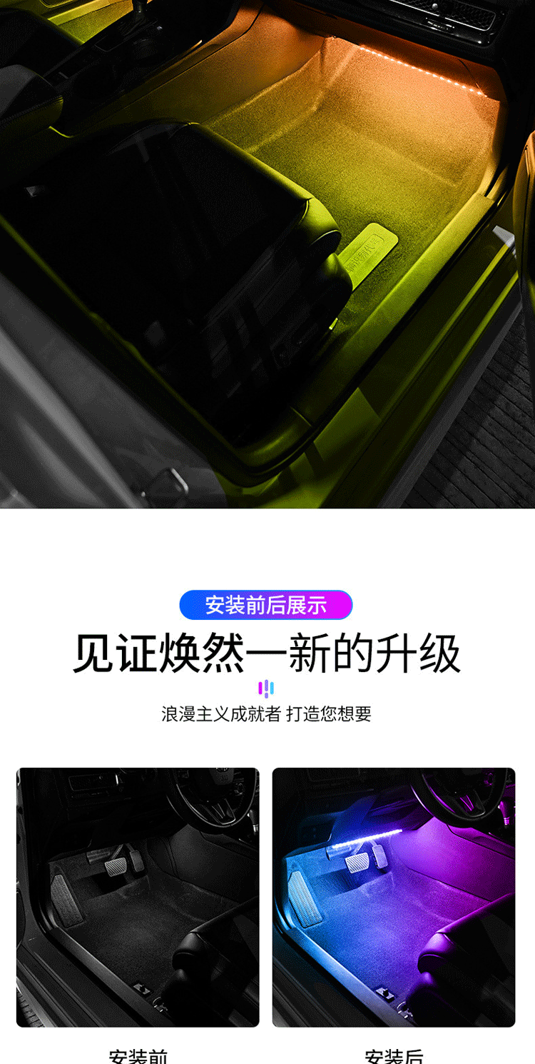 New ambient light for the car, LED colorful interior lighting, USB-powered footwell decorative light, remote control and mobile app control