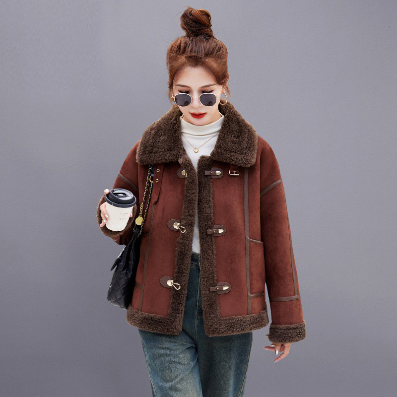 Fur One Lambswool Thick Coat Women's Winter 2024 New Arrival Faux Deerskin Velvet Biker Jacket Top