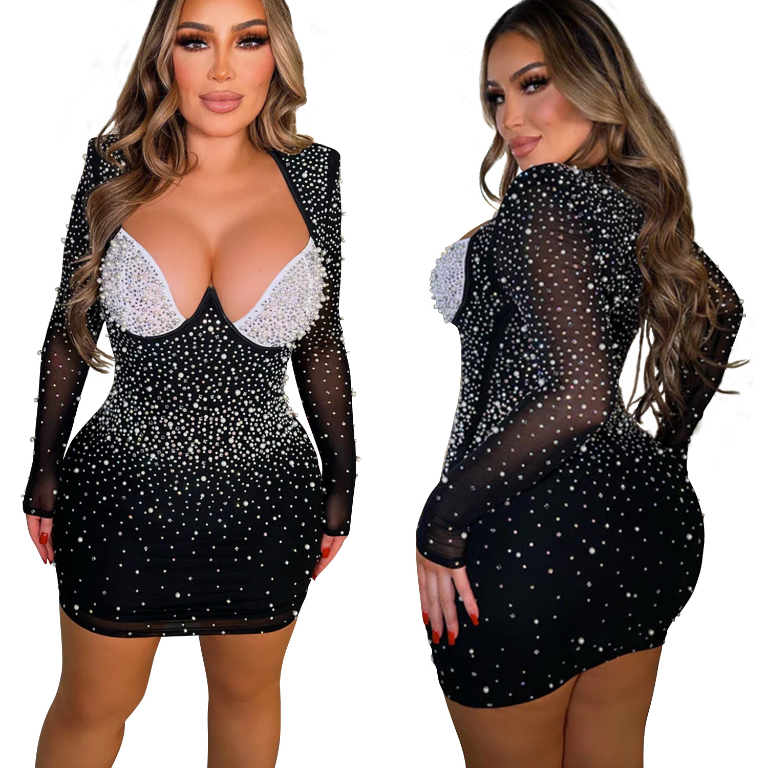 C6858 transfronteriza AliExpress Amazon de moda europea y americana de las mujeres de color sólido malla rhinestone Vestido de manga larga falda corta image 6
